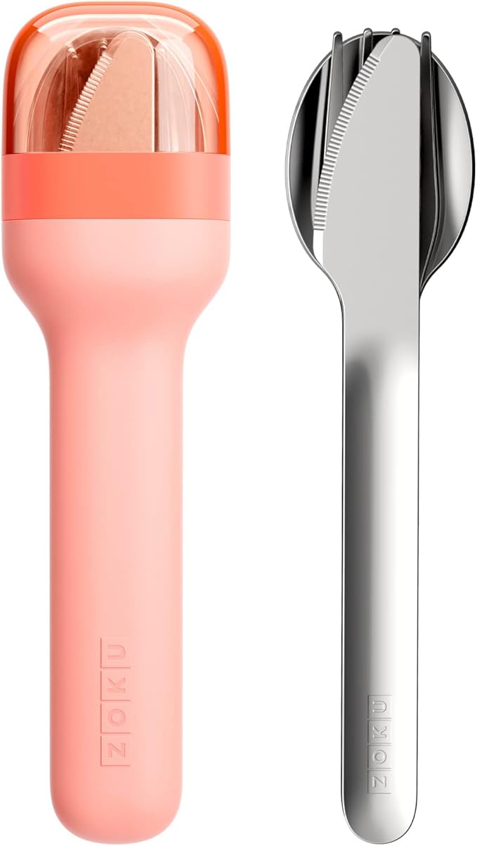 ZOKU Pocket Utensil Set, Peach - Stainless Steel Fork, Knife, and Spoon Nest in Case - Portable Design for Travel, School, Work, Picnics, Camping and Outdoor Home Use