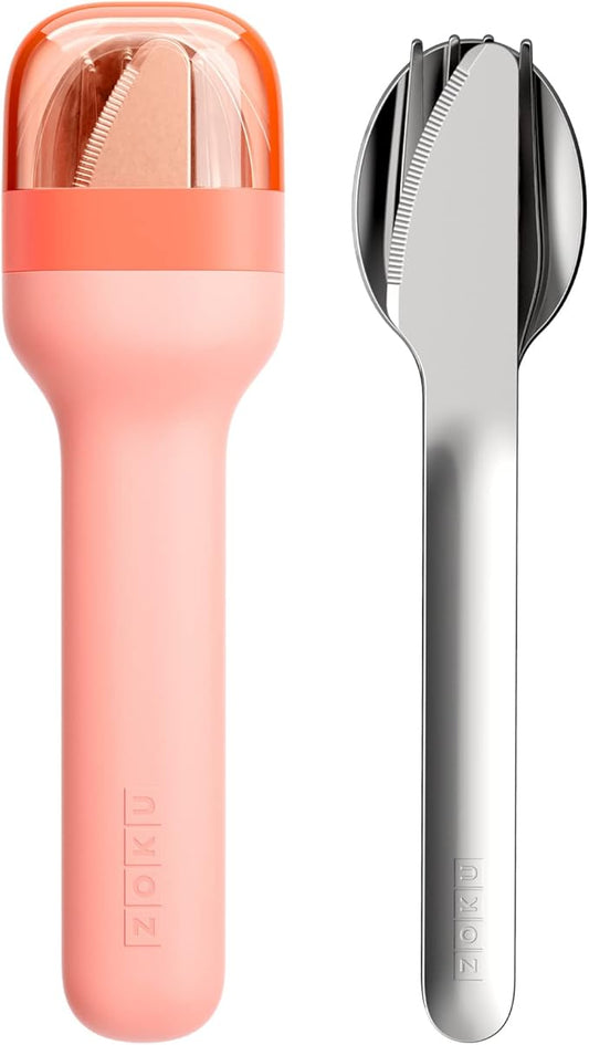 ZOKU Pocket Utensil Set, Peach - Stainless Steel Fork, Knife, and Spoon Nest in Case - Portable Design for Travel, School, Work, Picnics, Camping and Outdoor Home Use