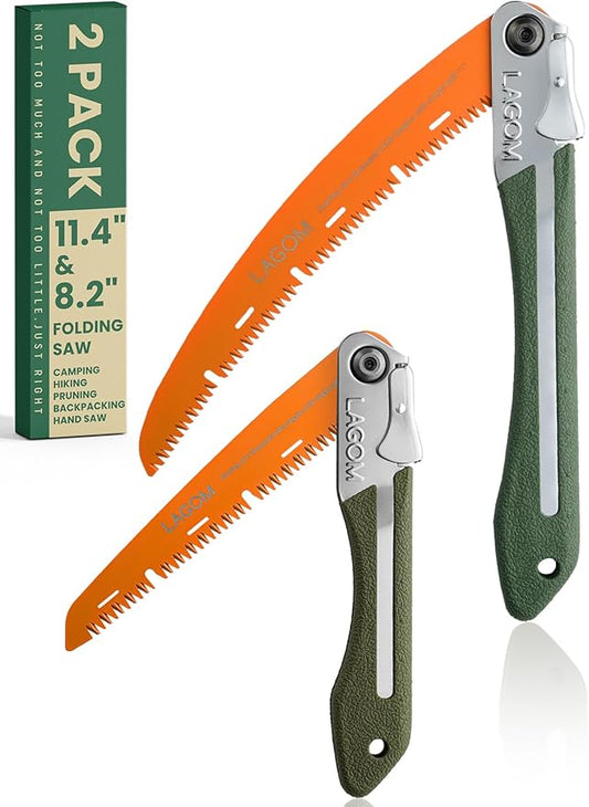 LAGOM Folding Camp Saws for Cutting Branches – 2 Pack (11.4" & 8.2") | SK5 Steel Blades, Ergonomic Handle, Secure Lock | Foldable Tool for Camping, Gardening, Survival, Kayaking, Outdoors