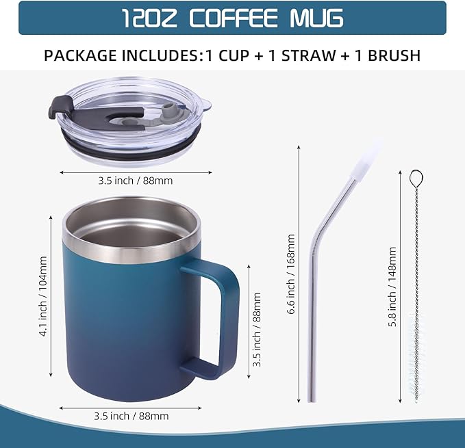 Volhoply 12oz Insulated Leakproof Coffee Mug with Flip & Straw Lid,Double Wall Vacuum Stainless Steel Travel Tumbler Cup with Handle,Reusable Camping Mugs Keep Cold/Hot(Dark Night,1 Set)