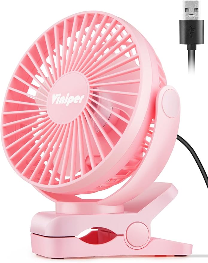 Viniper 6 inch USB Clip on Fan, Portable Small Desk Fan : 360° Rotation, 3 Speeds Wind Table Fan, Quiet Powerful for Home,Office (USB Powered Fan Not Rechargeable) - Pink