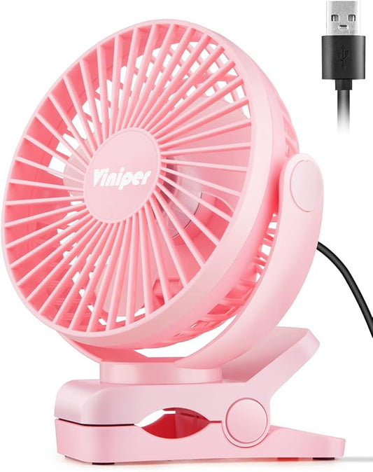Viniper 6 inch USB Clip on Fan, Portable Small Desk Fan : 360° Rotation, 3 Speeds Wind Table Fan, Quiet Powerful for Home,Office (USB Powered Fan Not Rechargeable) - Pink