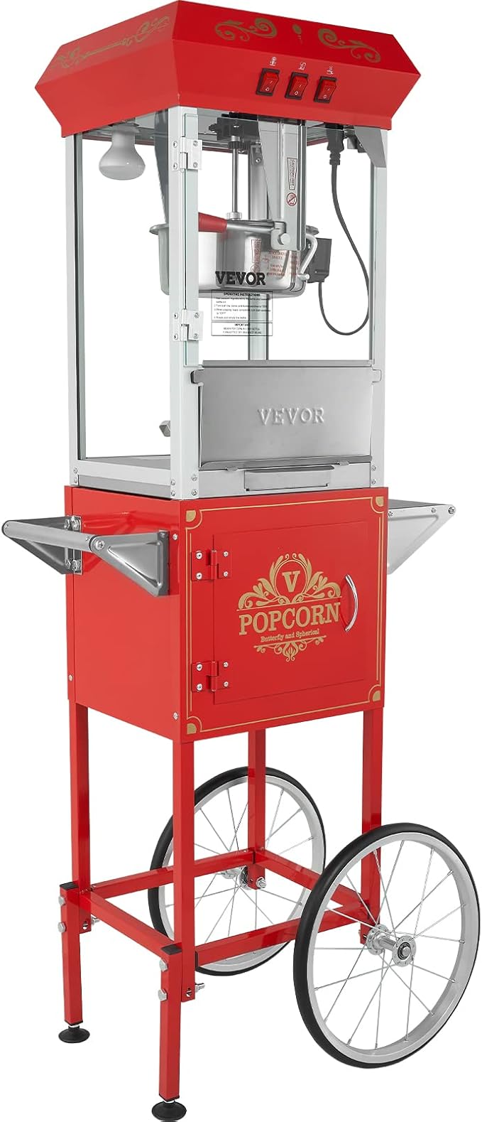 VEVOR Commercial Popcorn Machine, 8 Oz Kettle, 850 W Popcorn Maker on Wheels for 48 Cups per Batch, Theater Style Popper with 3-Switch Control Steel Frame Tempered Glass Doors Cart 1 Scoop 2 Spoons