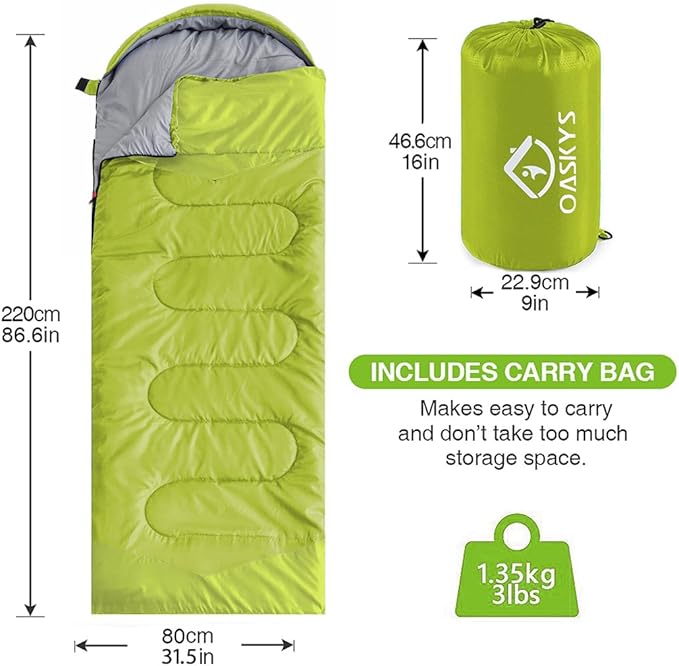 oaskys Camping Sleeping Bag - 3 Season Warm & Cool Weather - Summer Spring Fall Lightweight Waterproof for Adults Kids - Camping Gear Equipment, Traveling, and Outdoors