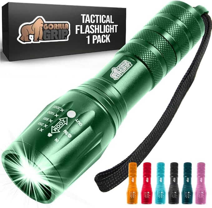 GORILLA GRIP Powerful LED Tactical Flashlight, 750 FT High Lumens 5 Adjustable Modes, Water Resistant, Ultra Bright Zoom Flashlights, Small Mini Flash Light, Camping, Night Dog Walking, Green