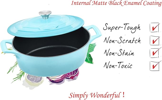 La Cuisine Enameled Cast Iron Oval Dutch Oven Casserole Pot with Lid 5 QT Internal Matte Black Enamel for bread baking, 2-ton Teal Enamel Coating Finish Exterior,Oven Safe up to 500° F