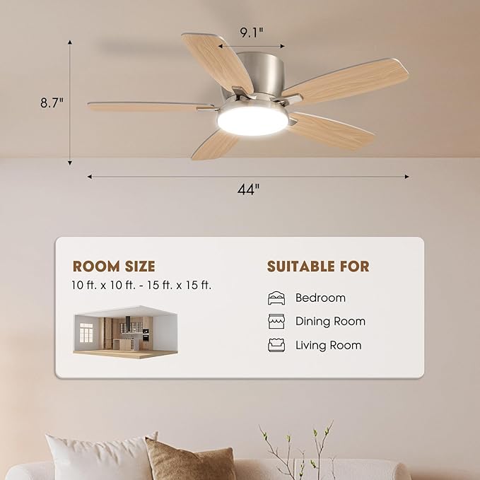 Ceiling Fans with Lights, 44" Low Profile Ceiling Fan with Light Remote Control, 6 Speed 35dB Ultra Quiet Smart Ceiling Fan with Reversible DC Motor, Dimmable 3CCT LED for Bedroom/Living Room