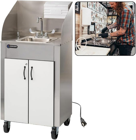 Ozark River Portable Sinks Elite PRO1, Free Standing Portable Concession Sink, Commercial Restaurant Portable Sink with Hot Water, Stainless Food Service Sink, White & Black Doors-Splashguard