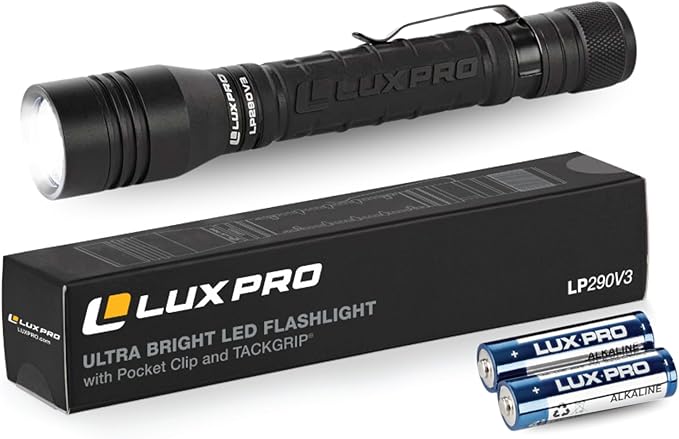 LUXPRO LP290V3 LED Flashlight - Bright 300 Lumens with 3 Light Modes - Aircraft-Grade Aluminum with IPX4 Waterproof Protection & Patented TackGrip - Camping, Outdoor, Home - Batteries Included