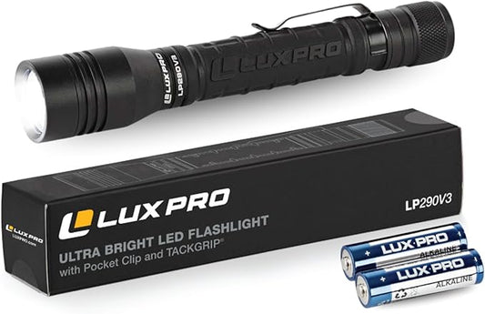 LUXPRO LP290V3 LED Flashlight - Bright 300 Lumens with 3 Light Modes - Aircraft-Grade Aluminum with IPX4 Waterproof Protection & Patented TackGrip - Camping, Outdoor, Home - Batteries Included