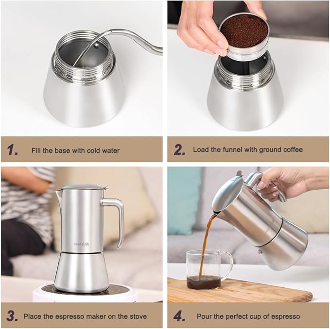 wedrink Stovetop Espresso Coffee Maker 4 Cups Stainless Steel Moka Pot for Greca, Induction, Electric & Gas Stoves(6.5 OZ/200ml)