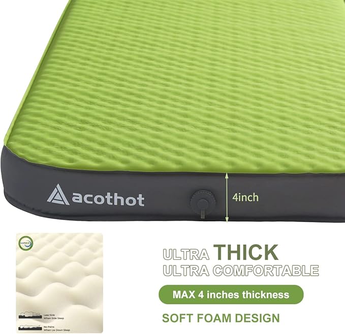 Self-Inflating Sleeping Pad - 4” Ultra-Thick Supportive Foam, Insulated Camping Mattress with Pump Sack for Tent, Car, Truck, Van, Home - Portable Camping Pad for 4-Season Comfort (Double)