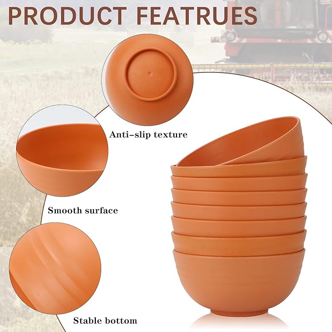 Homienly Wheat Straw Cereal Bowl Set, Wheat Straw Bowls Set - 8 PCS, Unbreakable Lightweight Bowl for Kitchen, Camping, Microwave and Dishwasher Safe Bowls, Soup Bowl (Orange, 26 OZ)