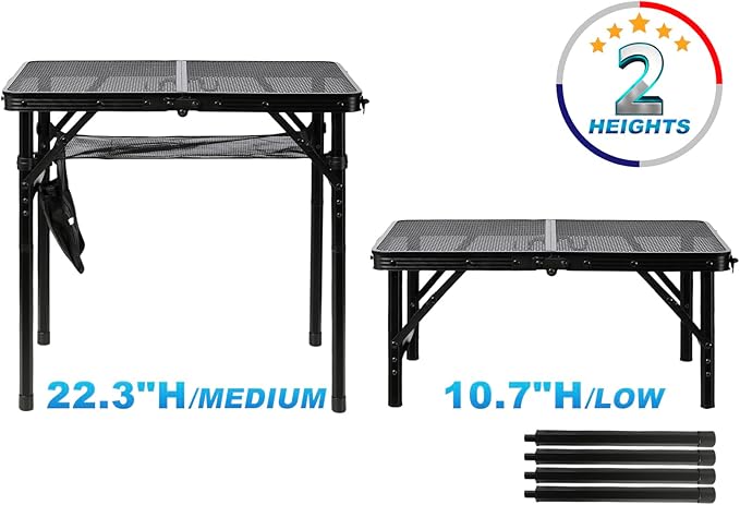 Small Floding Grill Table with Mesh Layer, 2 Height Adjustable, Portable & Lightweight Metal Camping Table for Outdoor, Beach & BBQ - Compact (2 FT, Black)