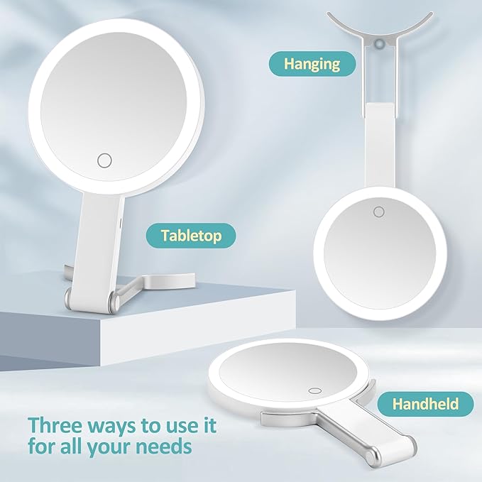 B Beauty Planet 30x/1x Magnifying Travel Mirror with Light, Double-Sided Rechargeable Adjustable Brightness 3 Colour Lighting, Folding, Handheld/Hangable/Tabletop, 3 Ways Using Mirror, White
