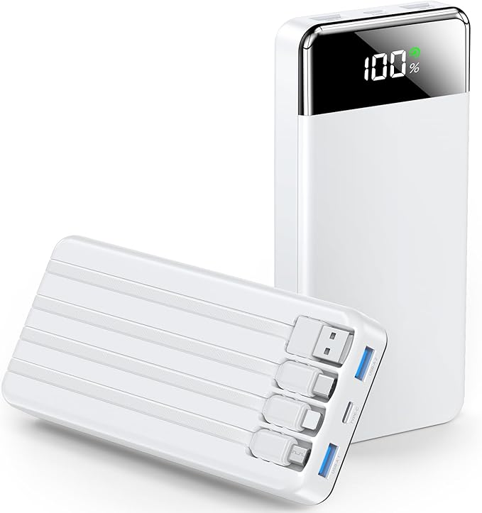 SABANI Portable Charger 35000mAh Power Bank - Portable Battery with 4 Built in Cables, 22.5W Fast Charging Battery Pack Compatible with iPhone 16 15 14 13 Samsung Android Phone etc (1 Pack, White)
