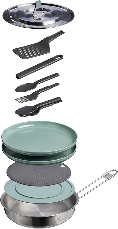 Stanley Wildfare Core 12-Piece Stainless Steel Fry Pan Cook Set | 1 qt Fry Pan with Fold & Lock Handle | Plates, Utensils, Spatula | Camping Essentials for Your Camp Kitchen | BPA-Free