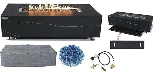 Elementi+ | Varna Gas Fire Pit | Marble Porcelain & Metal Frame | 60" Rectangular Fire Table | Electronic Ignition | Canvas Cover, Fire Glass & Burner Lid Included | Black | Natural Gas