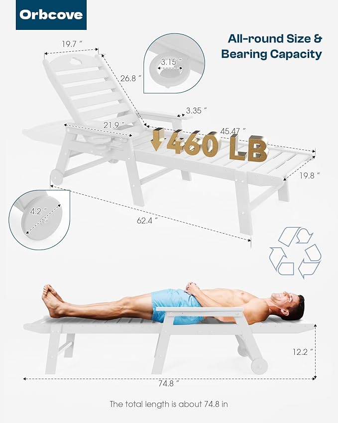 Outdoor Lounge Chair with Cup Holder, Outdoor Chaise Lounge with 6-Position Adjustable Backrest, HDPE Lounge Chair for Poolside, Patio, Deck & Backyard, Chaise Lounge (White, 2)