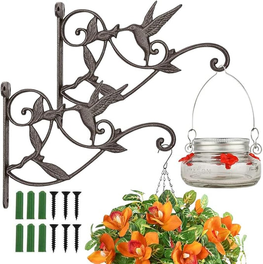 Hanging Plant Hook Bracket - Wrought Iron Metal Hummingbird Hanger Holder for Flower Basket Planter Bird Feeder, Windchimes, Wood Fence Posts Black 2packs