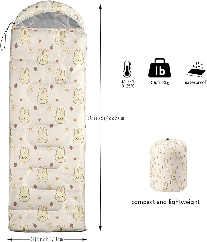 AILONEN Pink Lovely Rabbit Sleeping Bag for Girls Kids Adults,Warm and Cool Weather,Lightweight,Waterproof Backpacking,Cartoon Flowers Printed Bunny Sleeping Bag for Camping