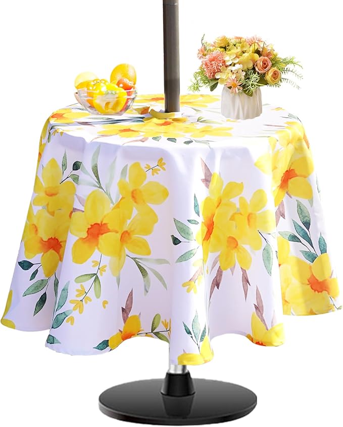 SquarePie Round Outdoor Talecloth, 60'' Waterproof Spill Proof Patio Table Cloth Cover with Umbrella Hole and Zipper for Spring Summer Party Picnic,Yellow Flower