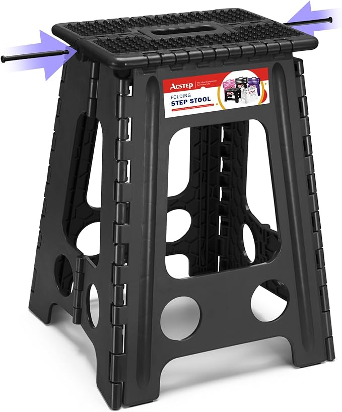 ACSTEP 17.5 Inch Folding Step Stool for Adults and Kids, Non-Slip Plastic Foldable Stepping Stool, Collapsible Folding Stool with Handle Holds Up to 400lbs for Kitchen, Dot Black (1 Pack)