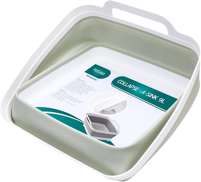 Collapsible Dish Basin with Drain Plug and Carry Handles - 9L Capacity, Portable Sink Tub for Camping and RV