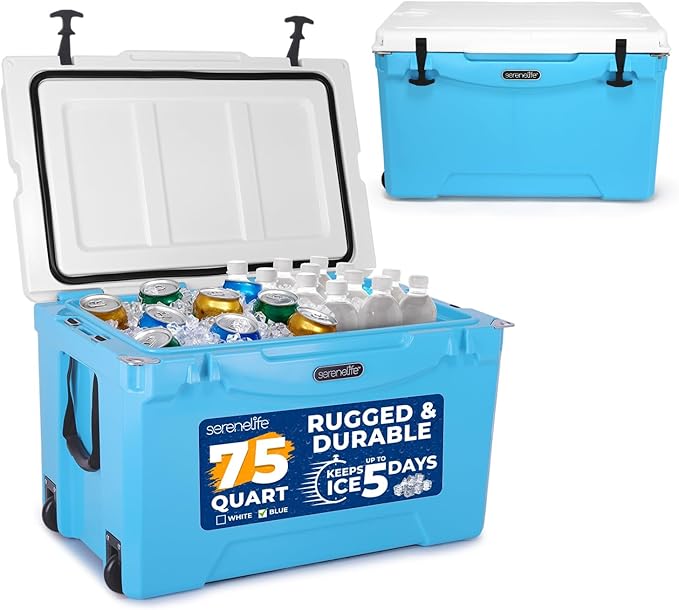 SereneLife Ultra-Tough 25-75 Quart Rotomolded Cooler Box, Holds Upto 64 Cans, Keeps Ice Up to 5 Days, Heavy-Duty Insulated Portable Ice Chest Box, Ideal for Camping, Beach, Picnics, Tailgating, etc