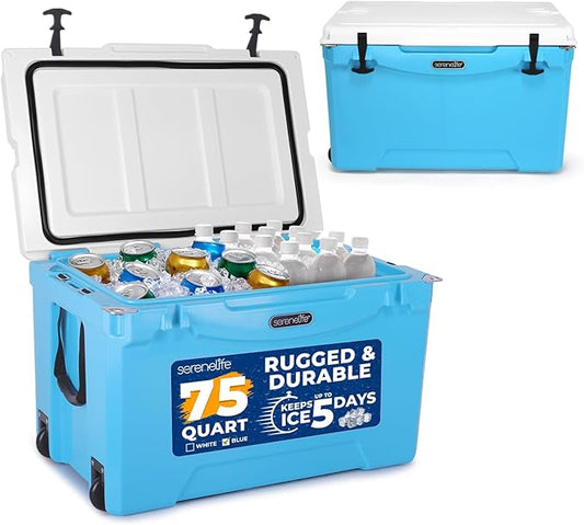 SereneLife Ultra-Tough 25-75 Quart Rotomolded Cooler Box, Holds Upto 64 Cans, Keeps Ice Up to 5 Days, Heavy-Duty Insulated Portable Ice Chest Box, Ideal for Camping, Beach, Picnics, Tailgating, etc