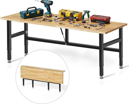 72” Folding Workbench, 3000 LBS Capacity Heavy Duty Workbench, Height Adjustable Foldable Work Table, Rubberwood Collapsible Desk for Workshop, Garage, Office, Home