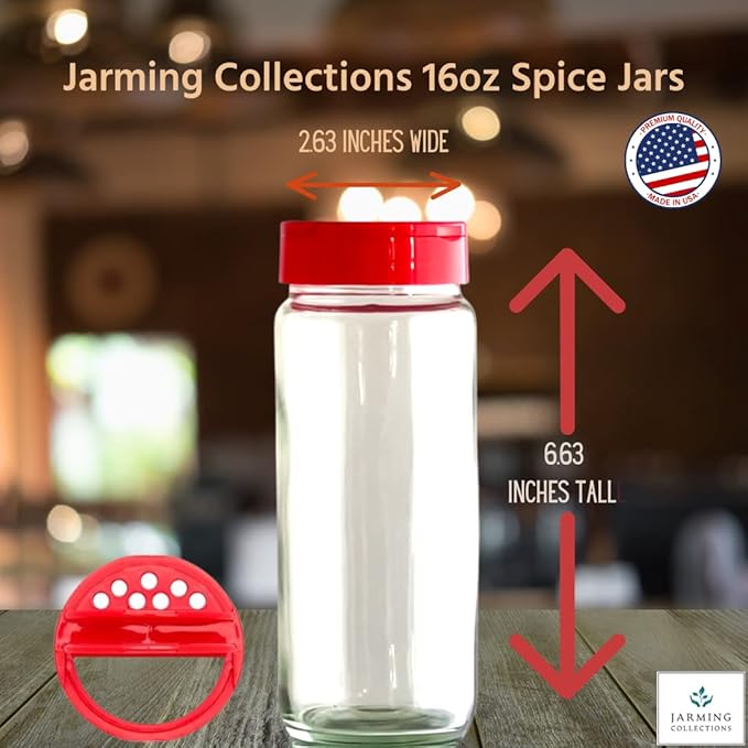 JARMING COLLECTIONS Premium Glass Spice Shakers - 16 oz Versatile Seasoning and Spice Dispenser with Sifting Lids for Popcorn, Cheese, Cinnamon, and Salt, Made in USA