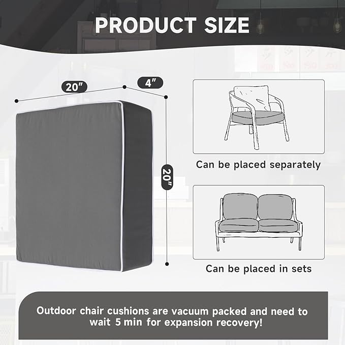 PNP FKJP 2 Pack Outdoor Chair Cushion 20" X 20" X 4", Waterproof Outdoor Seat Cushions with Non-Skid Ties,Dark Gray (Cushion + Cover)