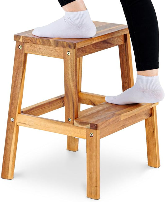 BEEFURNI 2 Step Wood Stool, Wooden Stepping Stools for Adults & Kids 350 lbs, Kids Stepping Chair, Bathroom, Bedroom Bench, Closet Climbing Chair, Easy to Assemble, 1 Year Manufacturer Warranty