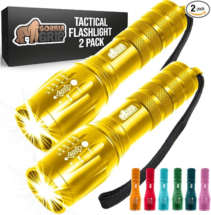 GORILLA GRIP Powerful LED Tactical Flashlight, 750 FT High Lumens 5 Adjustable Modes, Water Resistant, Ultra Bright Zoom Flashlights, Small Mini Flash Light, Camping, Night Dog Walking, 2 Pack Gold