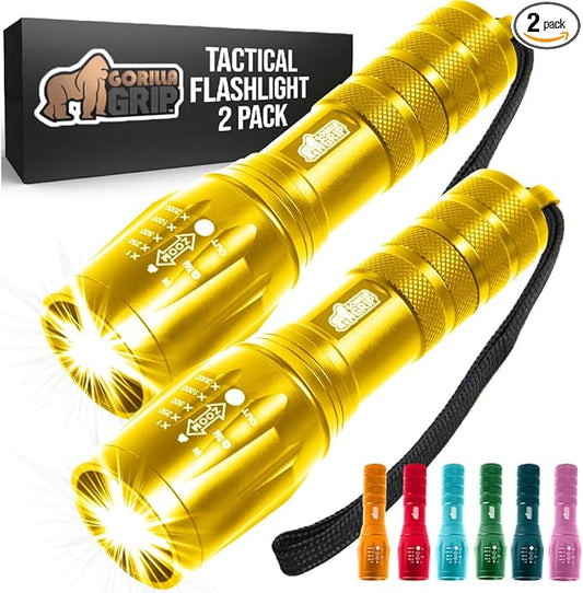 GORILLA GRIP Powerful LED Tactical Flashlight, 750 FT High Lumens 5 Adjustable Modes, Water Resistant, Ultra Bright Zoom Flashlights, Small Mini Flash Light, Camping, Night Dog Walking, 2 Pack Gold