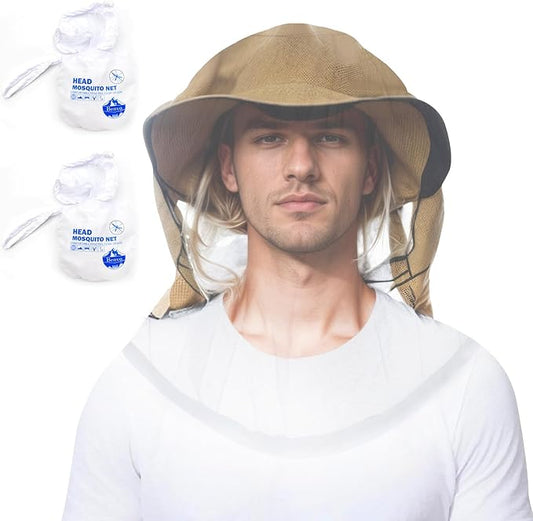 Benvo Mosquito Head Net Mesh One Piece Face Neck Fly Netting Cover from Bugs Gnats Noseeums Hat-Compatible Insect Shield for Fishing, Camping, Gardening (2pcs, White, Upgraded Big Net)