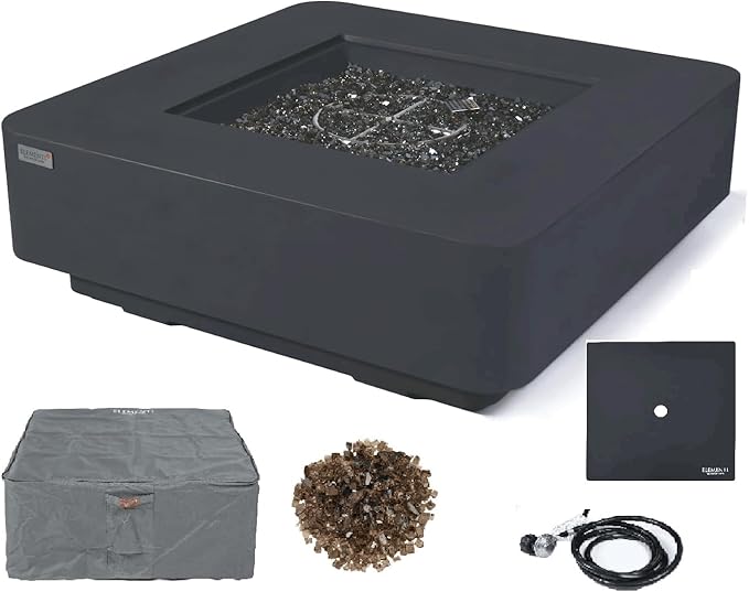 Elementi+ | Bergamo Gas Fire Pit Cast Concrete 42" Square Fire Table, Outdoor Fire Pit Electronic Ignition | Canvas Cover, Fire Glass and Burner Lid Included | Dark Gray | Propane Gas
