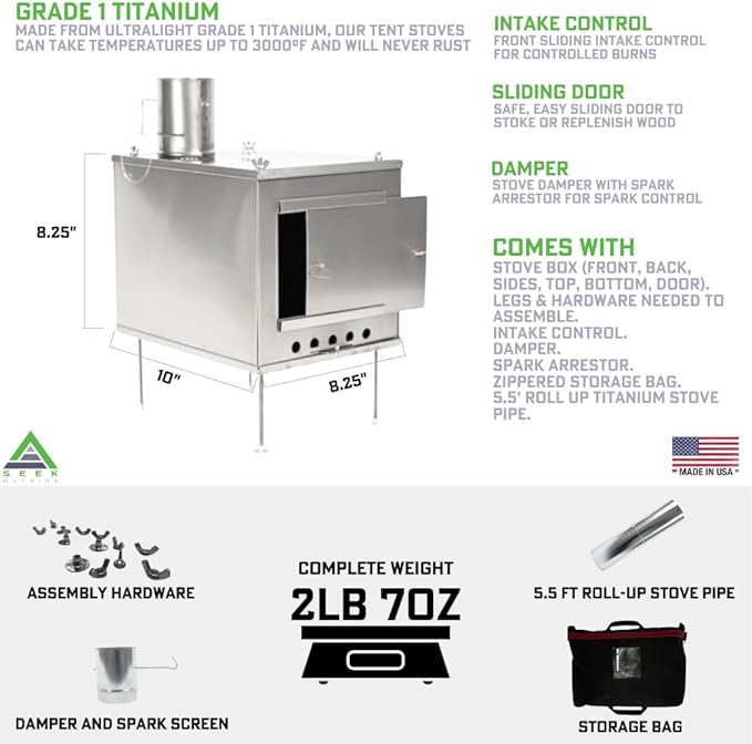 Seek Outside Titanium Wood Stove for Backpacking Camping Hunting | Medium Standard Stove With 5.5' Pipe