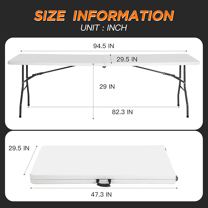 BestOffice 8FT Picnic Table Folding Table Camping Table Plastic Table Fold Up Table Lock for Party Event,White