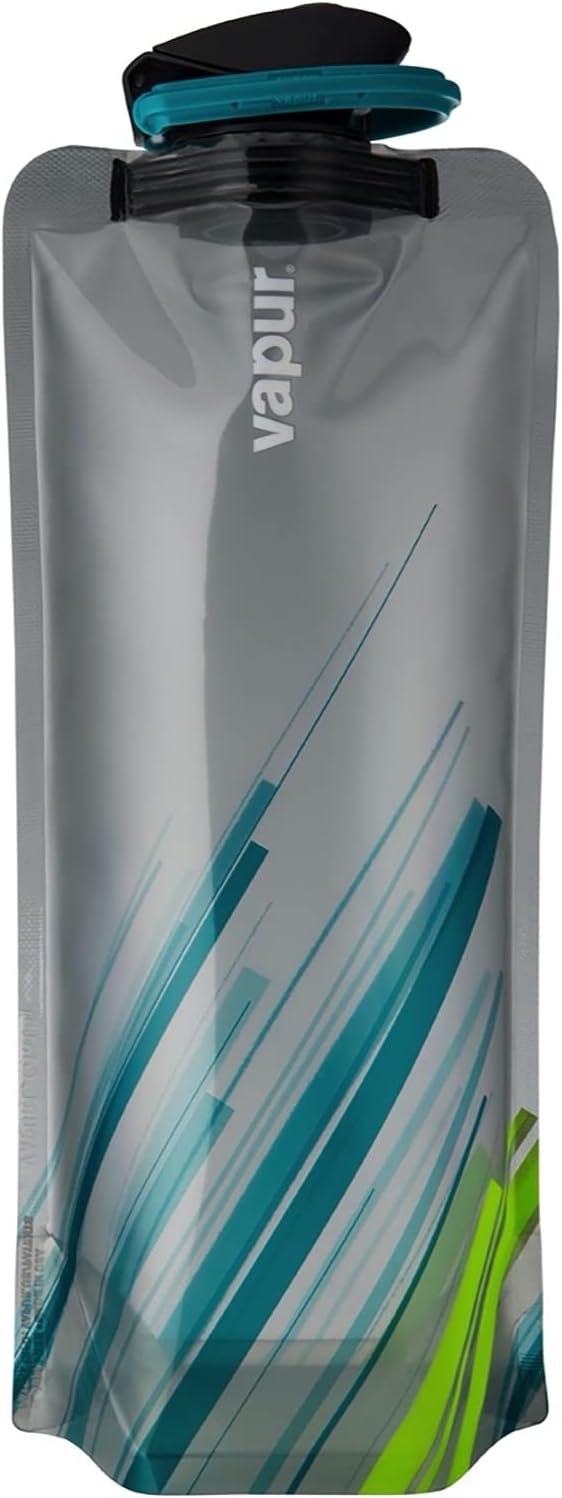 Vapur Collapsible Water Bottle With Carabiner, Compact Bottle Folds Flat For Hydration On The Go, Ideal for Traveling, Hiking or Camping, 34 Ounce, Grey & Teal, Pack of 2