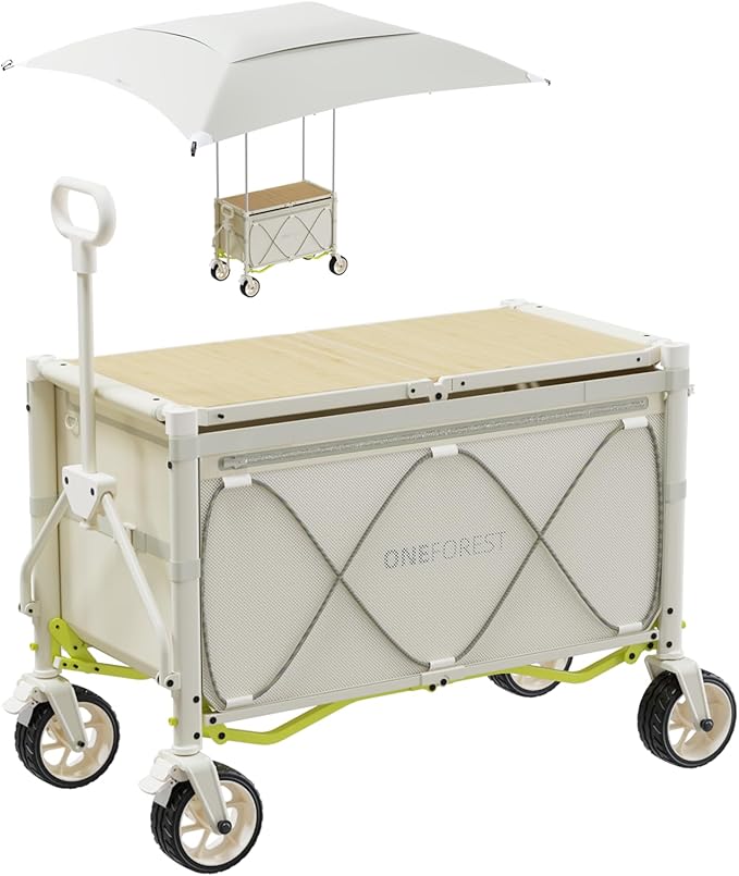 ONEFOREST Collapsible Wagon Cart with Canopy Tent, Portable Large Capacity Foldable Wagon Cart, Heavy Duty Garden Cart with Wheels for Camping Sports Beach Backyard and Picnics, Beige