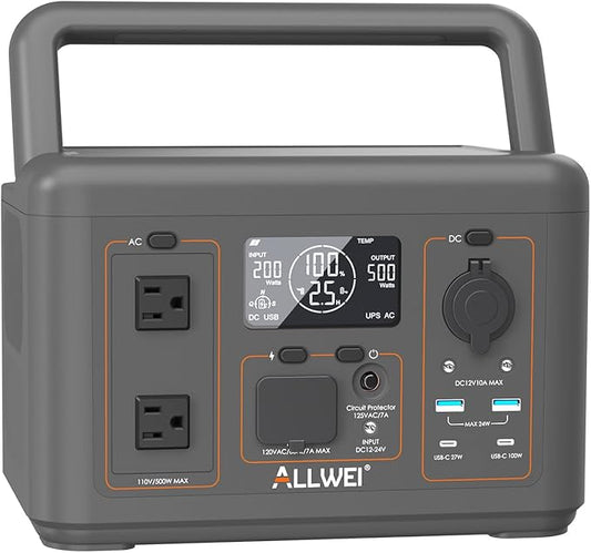 ALLWEI 512Wh Portable Power Station, 500W(Peak 1000W) LiFePO4 Battery, Solar Generator Fast Charge, UPS Mode, Pure Sine Wave 110V AC Outlets, Battery Generator for CPAP Outdoor RV Camping Power Outage