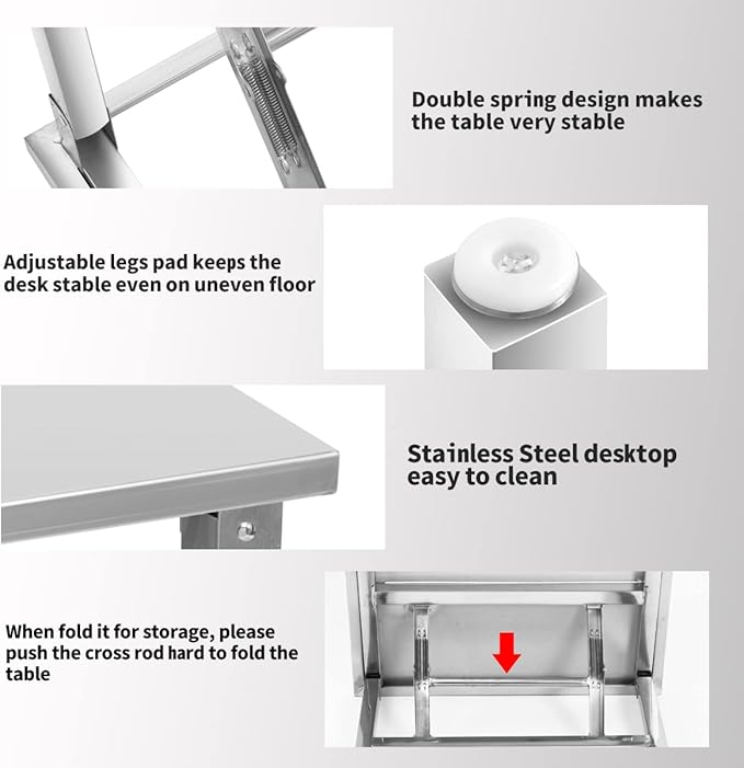 Small Stainless Steel Folding Table, Portable Camp Picnic Party Dining Table No Assembly Sturdy Small Folding Desk Kitchen Prep Table(32" x 16")