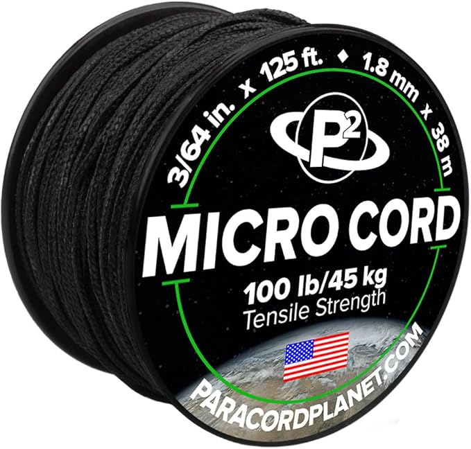 Paracord Planet Micro Paracord – Thin Braided Cord for Crafting, Fishing, and DIY Projects in 125 ft Spools – Black