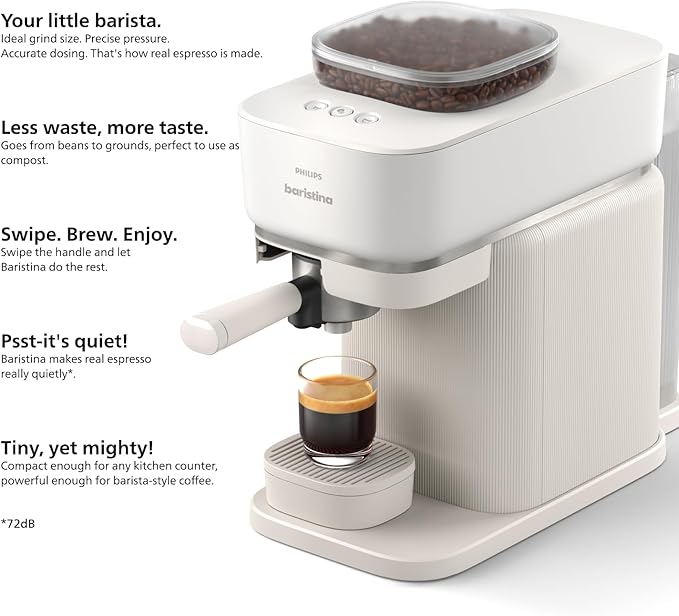 Philips Baristina Espresso Machine+Milk Frother Bundle. Real espresso. Compact coffee machine, portafilter, grinder, Cafe Crema. Dairy & Non-Dairy Milk foam. Hot & Cold. Easy Clean. White (BAR303/00)