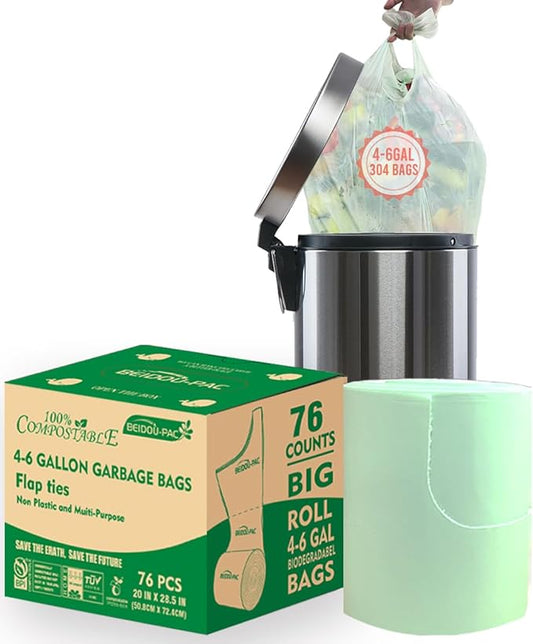 4-6 Gallon Flap Tie Compostable Trash Bags, 76 Count, Kitchen Compost Bags, Sturdy Biodegradable Garbage for Food Scrap Waste, ASTM D6400, US BPI Certified