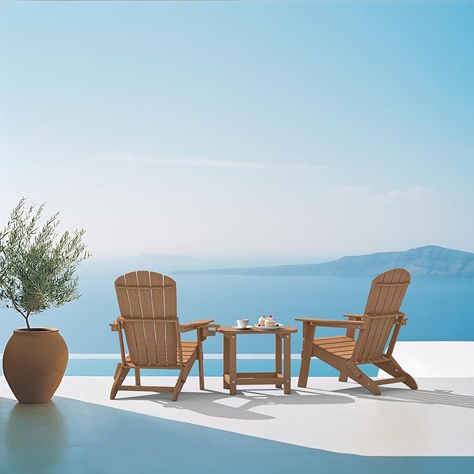 Folding Adirondack Chair, Cup Holder,SGS Tested, Wooden Textured, Heavy All-Weather HDPE Comfortable Set Poolside Backyard Lawn Teak Set 2