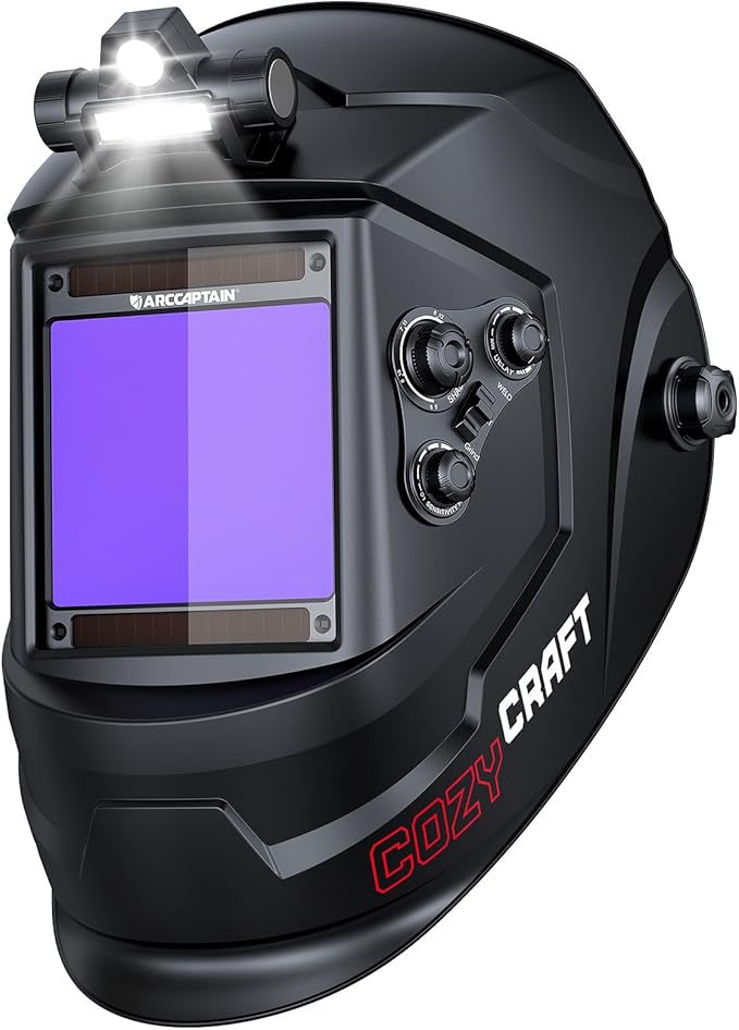 ARCCAPTAIN Large View 3.94" x 3.66" True Color Auto Darkening Welding Helmet with Light, Solar Powered Welding Hood, 4 Arc Sensor Wide Shade 4/5-9/9-13 for Stick MIG TIG Cut