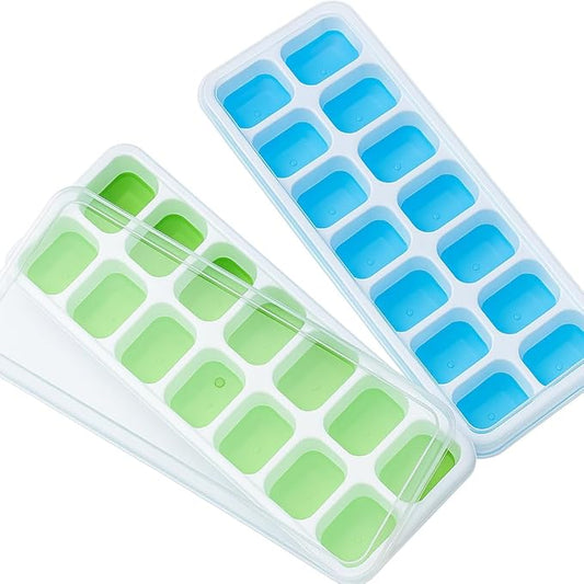Silicone Ice Cube Trays with Lids – Easy-Release, Flexible, BPA-Free, Spill-Resistant, Durable & Dishwasher Safe – 14 Ice Cubes per Tray - Variety Pack (Blue/Green)